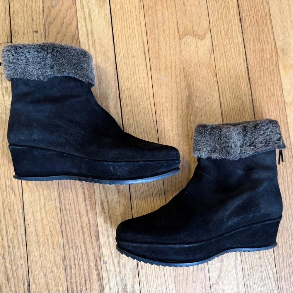 Stuart Weitzman Black Suede Wedge Boots with Fur Cuff
